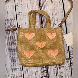 NWT LC Lauren Conrad Woven Boho Tote with Pink Heart Accents
